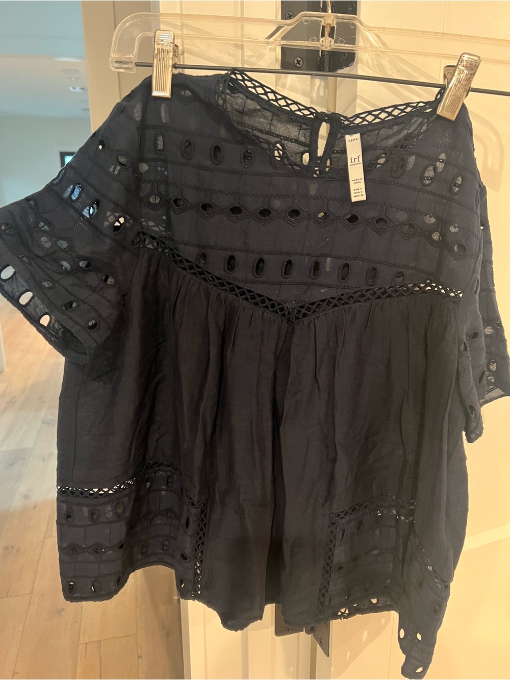 Zara Navy Eyelet Crochet Peasant Blouse